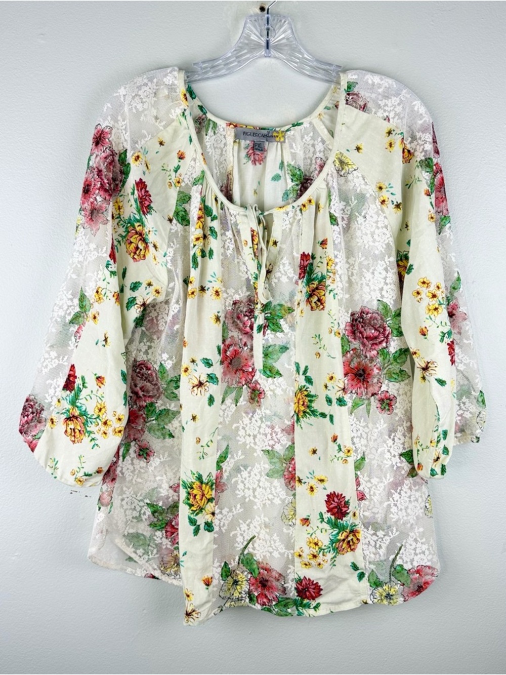Figueroa & Flower Floral Lace Blouse PXL Cream Pink Yellow Boho Peasant‎ Top